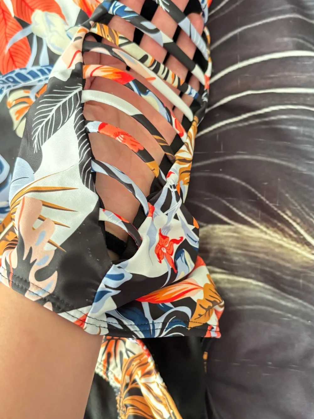 SHEIN Black Floral Tropical Long-Sleeve One-Piece Swimsuit